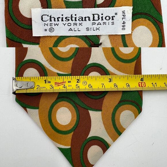 Christian Dior Vintage 60s Silk Tie Geometric Mod Circles Gold Brown Green - Picture 7 of 7
